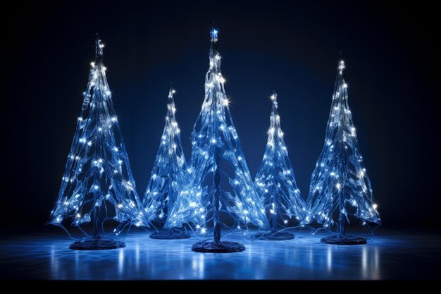 Albero di Natale con luce brillante con particelle che cadono fiocchi di neve e stelle 3D rendering blu sul retro