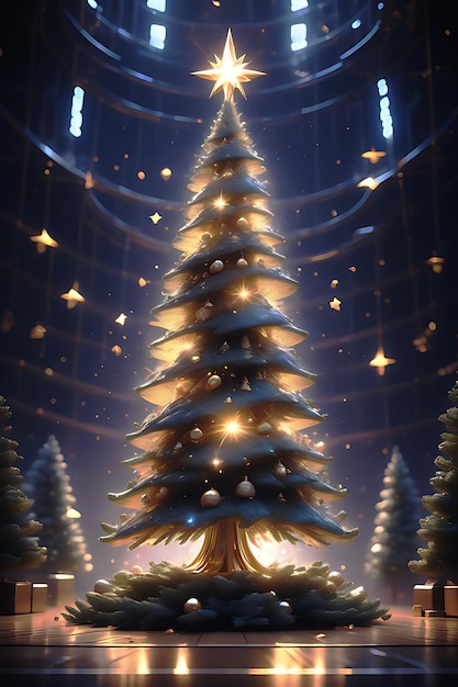 Albero di Natale con luci che brillano intorno agli alberi