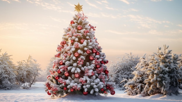 Albero di Natale con luci nella foresta invernale con neve nella gelida notte di Natale Bellissimo paesaggio invernale