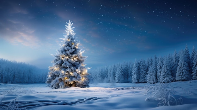 Albero di Natale con luci nella foresta invernale con neve nella gelida notte di Natale Bellissimo paesaggio invernale