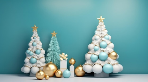 albero di Natale con ornamenti blu e bianchi dorati e regali su sfondo turchese