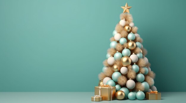 albero di Natale con ornamenti blu e bianchi dorati e regali su sfondo turchese