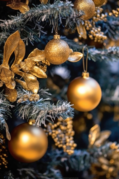 Albero di Natale con ornamenti d'oro primo piano creato con ai generativo