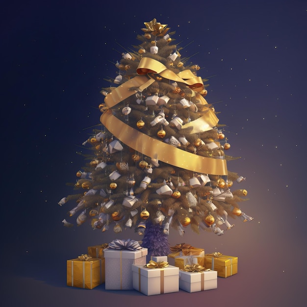 Albero di Natale con ornamenti e dettagli dorati decorati con doni isolati su sfondo colorato con luci