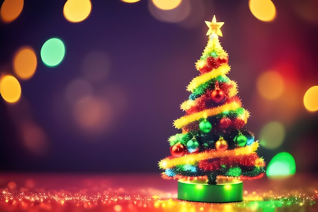 Albero di Natale con ornamenti in oro rosso e gioielli su sfondo di luci bokeh sfocate AI generativa
