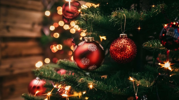 Albero di Natale con ornamento a sfera rossa e decorazione luce scintillante