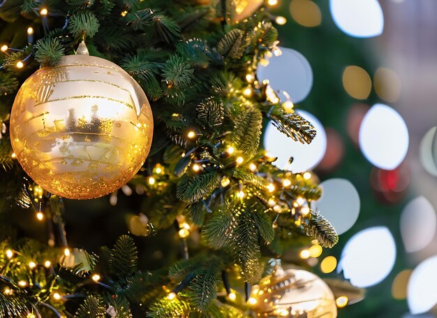 Albero di Natale con palla d'oro e luci bokeh sullo sfondo Xmas astratto da vicino