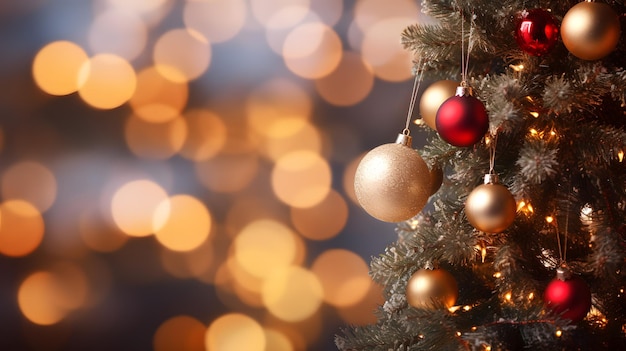 Albero di Natale con palline e luci lucide sfocate su abile bokeh archiviato