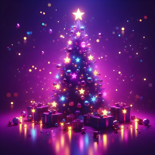 Albero di Natale con regali e bolle su uno sfondo viola rendering 3D