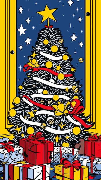 Albero di Natale con regali e decorazioni di Natale cartolina cartella postale illustrazione