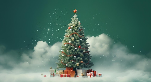 Albero di Natale con regali e luci rendering 3D su uno sfondo scuro