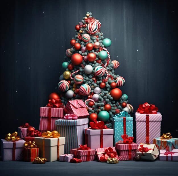 Albero di Natale con regali e ornamenti di fronte a uno sfondo scuro