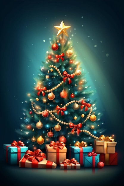 albero di Natale con regali e una stella in cima generativo ai