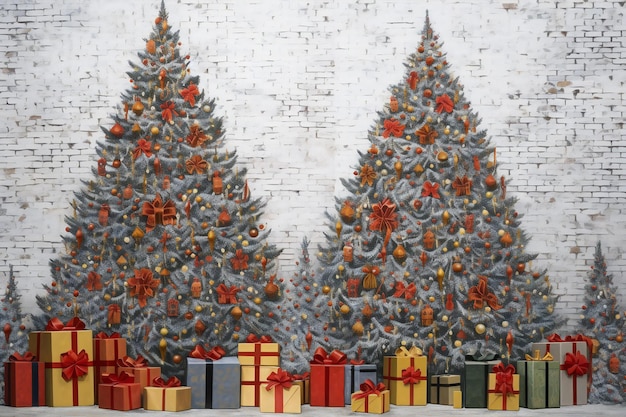 Albero di Natale con regali sullo sfondo di una parete di mattoni