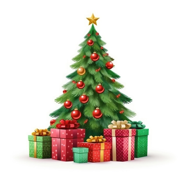 Albero di Natale con scatole regalo con archi isolati su sfondo bianco illustrazione disegnata in stile cartone animato Regali per Natale o Capodanno