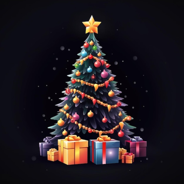 Albero di Natale con scatole regalo con archi isolati su sfondo nero illustrazione disegnata in stile cartone animato Regali per Natale o Capodanno