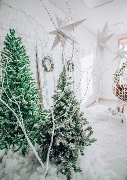 Albero di Natale con scatole regalo. Decorazioni di Capodanno. Interni di Capodanno.