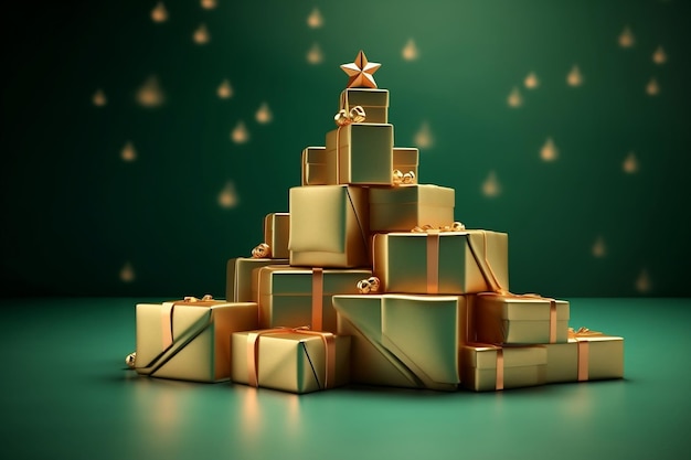 Albero di Natale con scatole regalo oro su sfondo verde IA generativa