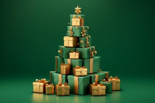 Albero di Natale con scatole regalo oro su sfondo verde IA generativa