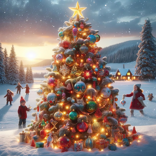 Albero di Natale con scatole regalo rosse decorazione per l'anno nuovo felice e il concetto di Natale