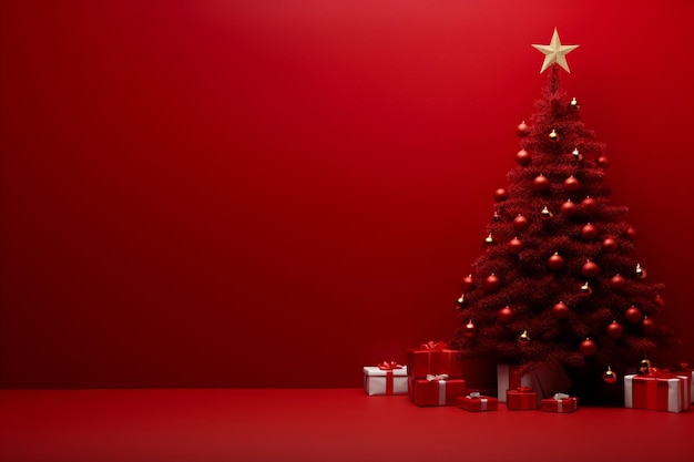 Albero di Natale con scatole regalo su sfondo rosso Sfondo di Natale con copia spazio per testo o p