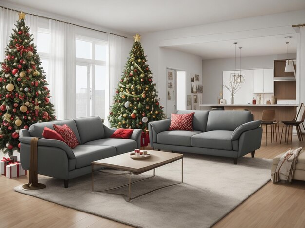 albero di Natale decorato con cuscini rossi nel nordico moderno salotto interior design front v