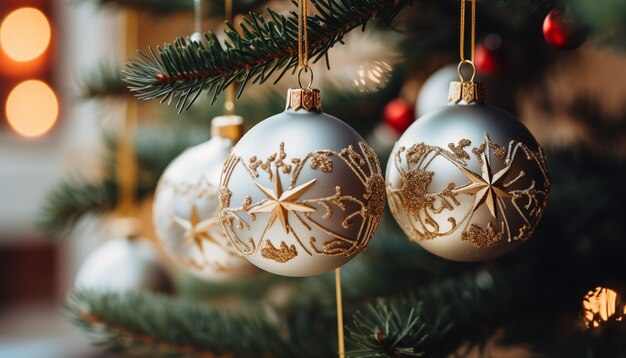 Albero di Natale decorato con ornamenti lucenti e luci brillanti generate dall'intelligenza artificiale