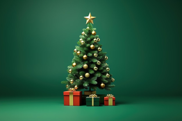 Albero di Natale decorato con palle d'oro e una stella su sfondo verde realizzato con AI generativa