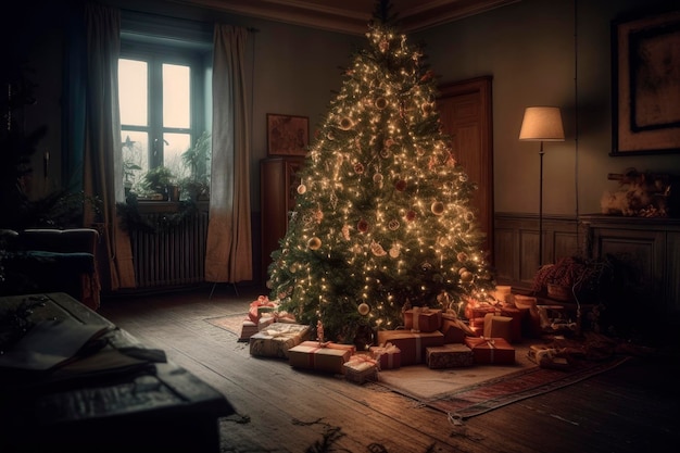 Albero di Natale decorato con palle e ghirlande in un accogliente interno di casa tradizione di Capodanno