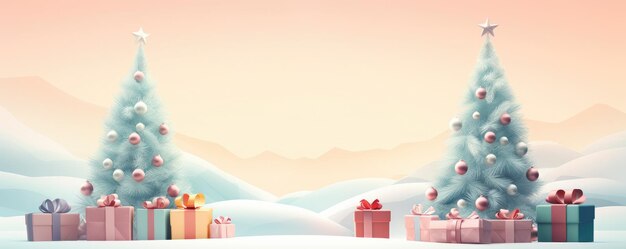 Albero di Natale decorato con regali illustrazione panoramica di biglietti di auguri Generative Ai