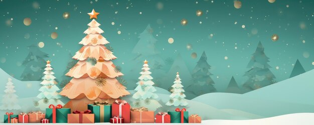 Albero di Natale decorato con regali illustrazione panoramica di biglietti di auguri Generative Ai