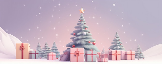 Albero di Natale decorato con regali illustrazione panoramica di biglietti di auguri Generative Ai
