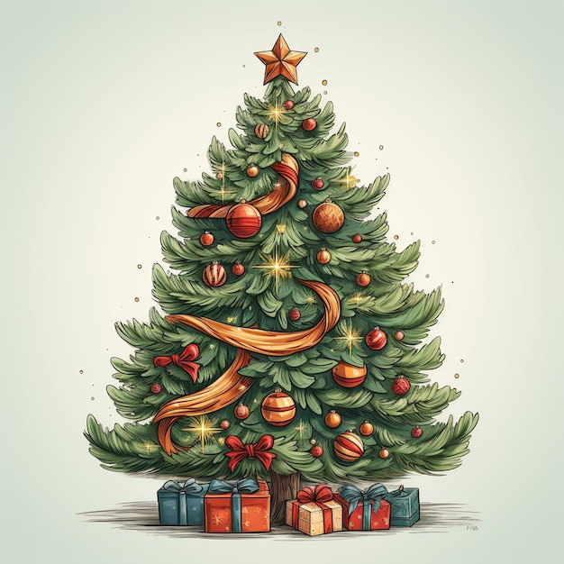 Albero di Natale decorato con scatole regalo, luci stellari, palle e lampade di decorazione Generative Ai