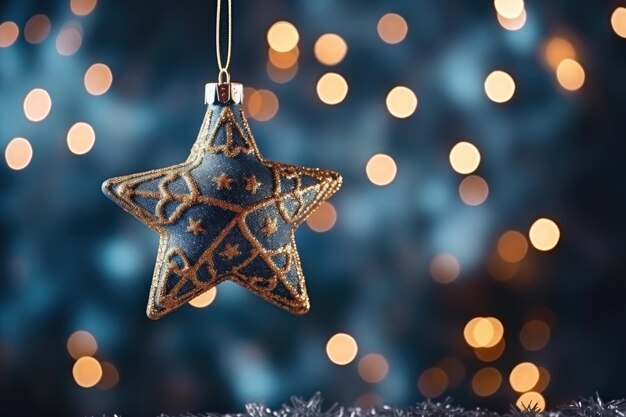 Albero di Natale decorato con stelle su sfondo bokeh sfocato luci di Capodanno