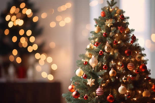 Albero di Natale decorato con un sacco di ornamenti decorazione albero interno e sfondo generato AI