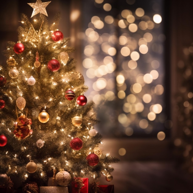Albero di Natale decorato con un sacco di ornamenti decorazione albero interno e sfondo generato AI