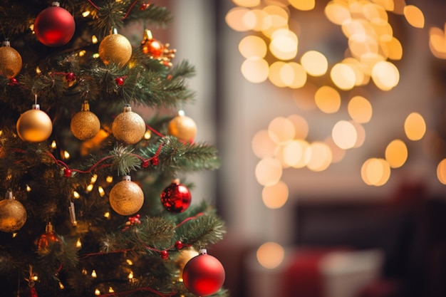 Albero di Natale decorato con un sacco di ornamenti decorazione albero interno e sfondo generato AI
