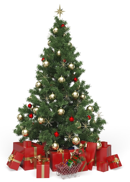 Albero di Natale decorato e regali sullo sfondo