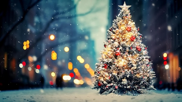 Albero di Natale decorato illuminato sulla strada nevosa della città invernale di New York