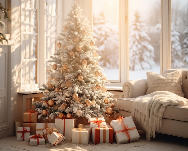 Albero di Natale decorato in soggiorno con grandi finestre