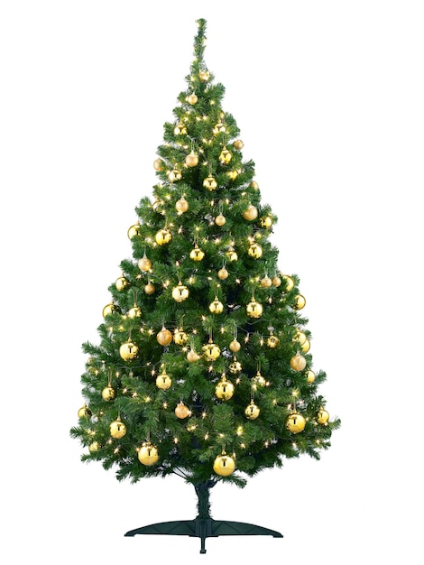 Albero di Natale decorato isolato su sfondo bianco