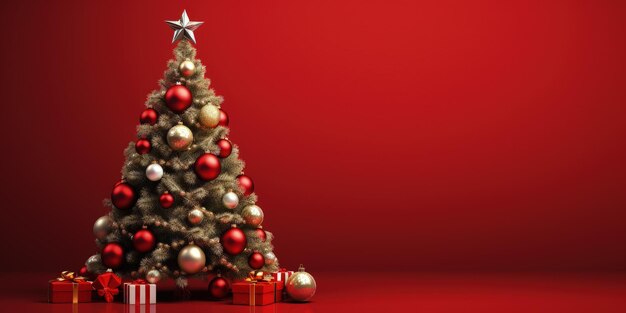 Albero di Natale decorato su sfondo rosso IA generativa