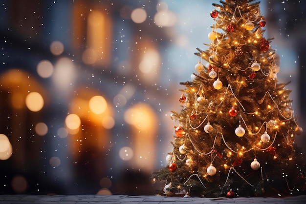 Albero di Natale decorato su sfondo sfocato