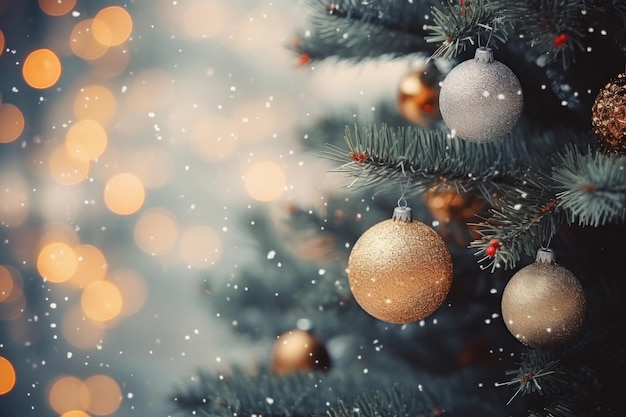 Albero di Natale decorato su uno sfondo bokeh sfocato La vigilia di Capodanno colori arancione chiaro e grigio