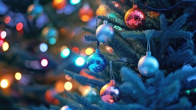 Albero di Natale decorato su uno sfondo sfocato