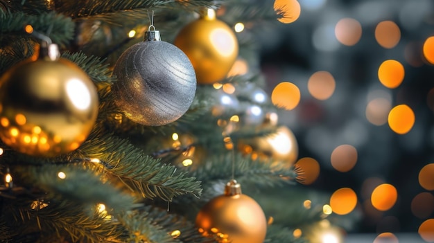 Albero di Natale decorato su uno sfondo sfocato