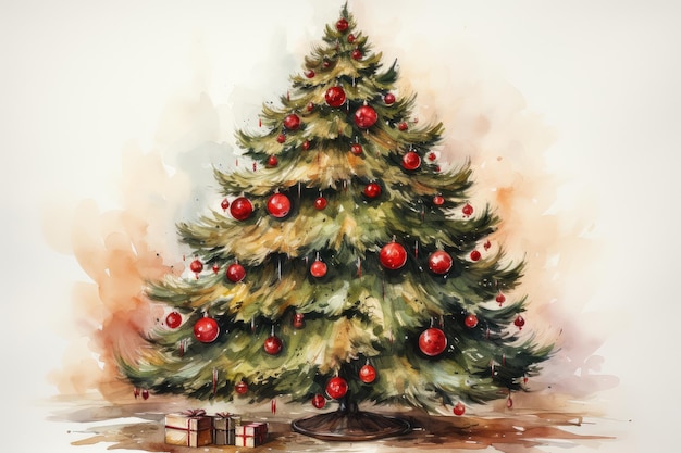 Albero di Natale dell'acquerello con palline rosse e regali in carta di Capodanno grunge stile retrò