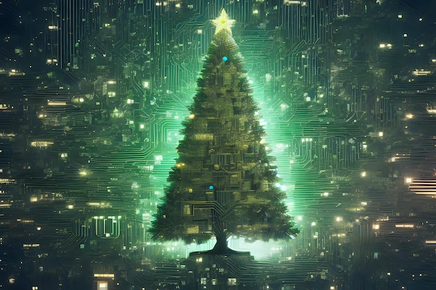 Albero di Natale della scheda elettronica del computer Illustrazione fotorealista 3D Illustrazione Copy Space