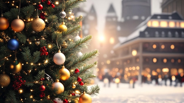 albero di Natale di fronte a un edificio con le luci su di esso