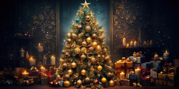 Albero di Natale doni palle decorazione Illustrazione AI GenerativexA